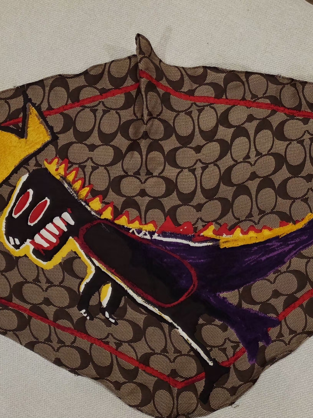 Coach x Jean-Michel Basquiat Silk Scarf Signature Print Brown Red Rare O/S